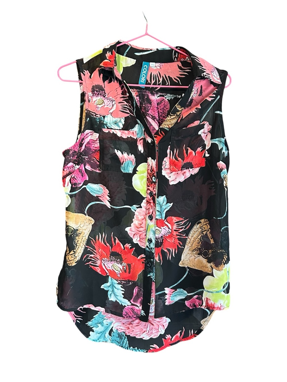Sleeveless Floral Button-Front Blouse - Black with Pink & Multicolor Flowers